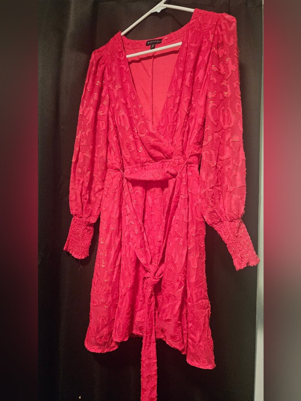 Max + Ash Hot Pink Textured V‑Neck Wrap Dress with Tie Waist